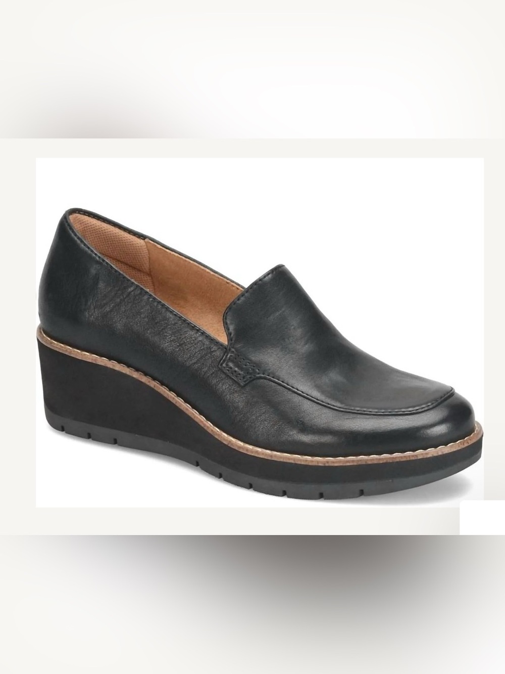 Comfortiva Farland Black Leather Womens Slip-On Wedges Loafer with Contrast Welt